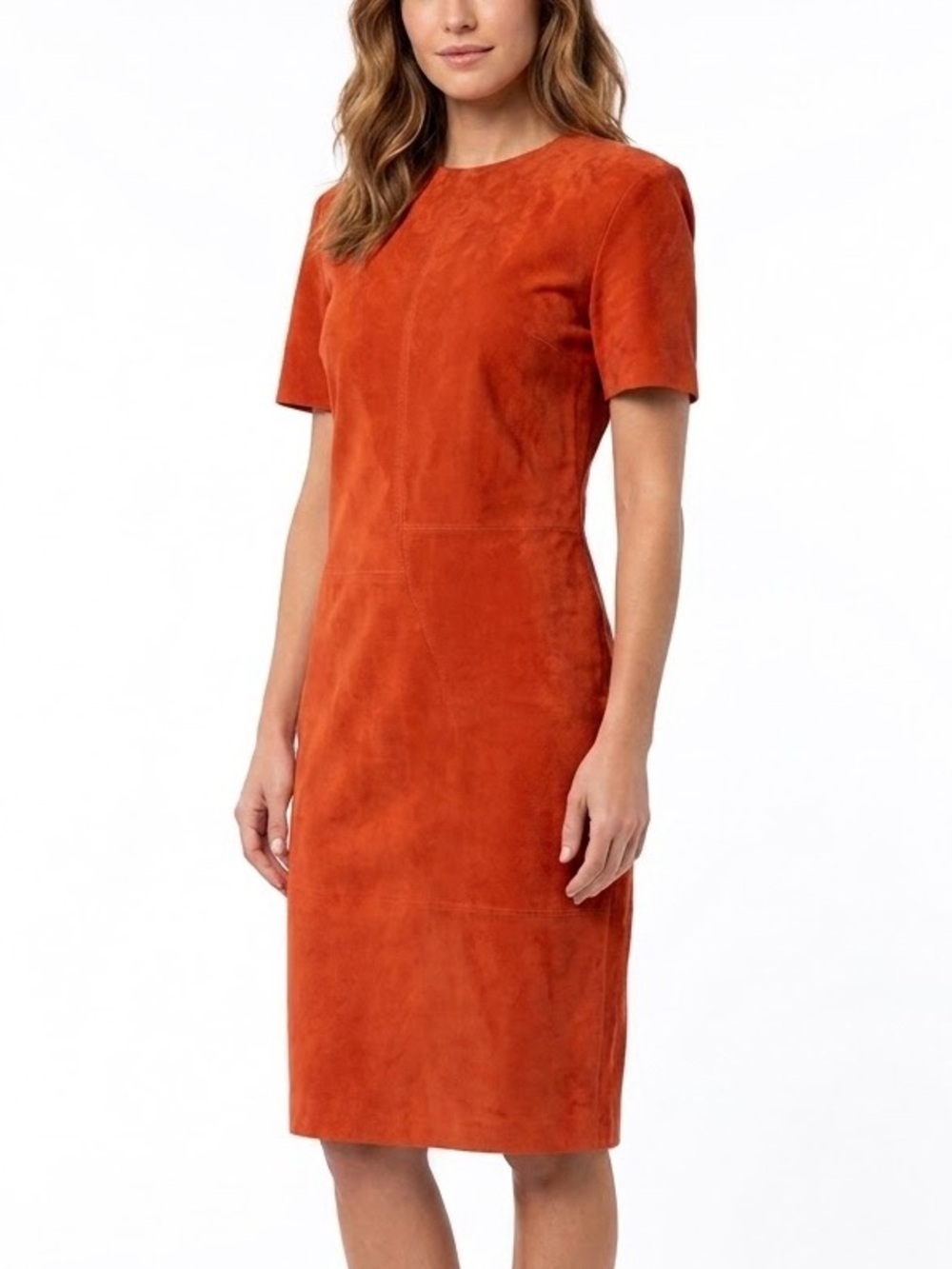 JOLIBEL Vintage Microsuede Coral Orange Midi Dress Mod Geo Short Sleeve Medium